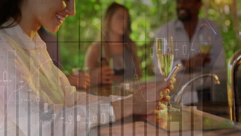 Business Data Overlay on Woman Using Smartphone at Bar