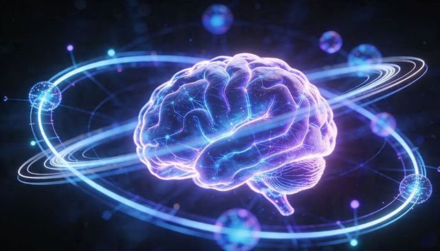 Glowing neural brain orbiting data rings visualizing ai network and pulsing connections