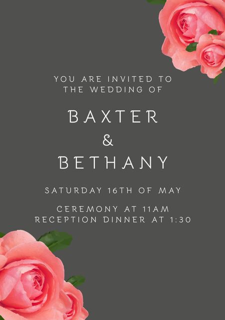 Elegant invitation featuring pink roses and event details on a grey background. Ideal for weddings, anniversaries, or any formal event with a floral theme. Perfect for sending to guests and framing as a keepsake.