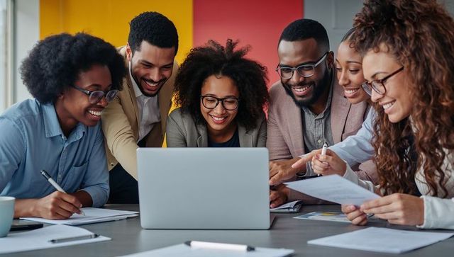 Smiling diverse team collaborating around laptop in bright modern office meeting room