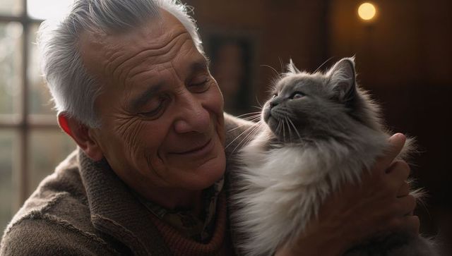 Senior man cuddling long-haired gray cat by window, cozy warmth companion bonding