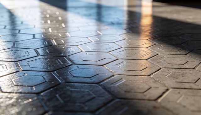 Wet hexagonal tile floor reflecting warm and cool light with honeycomb geometric pattern