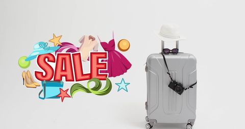 Suitcase with Fashion Sale Icons on Vibrant Background