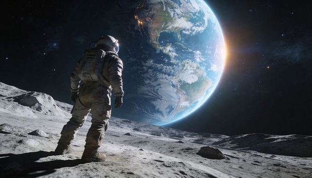 Astronaut standing on lunar ridge watching Earth rising with HUD data overlay