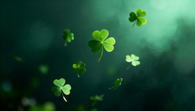 Floating four-leaf clover with drifting shamrocks on misty green bokeh background