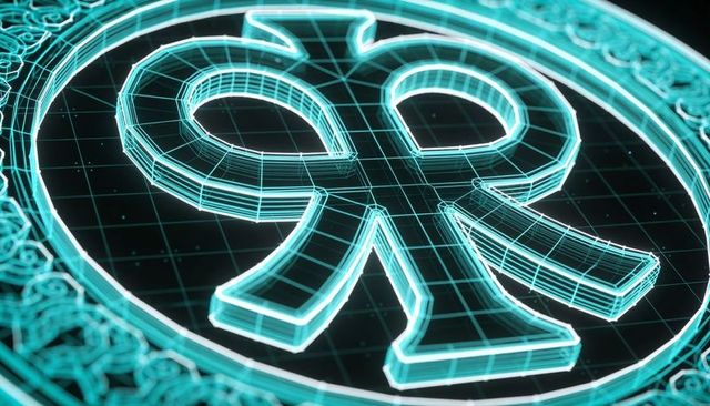 Neon cyan wireframe coin rotating on dark grid plane futuristic crypto token digital emblem