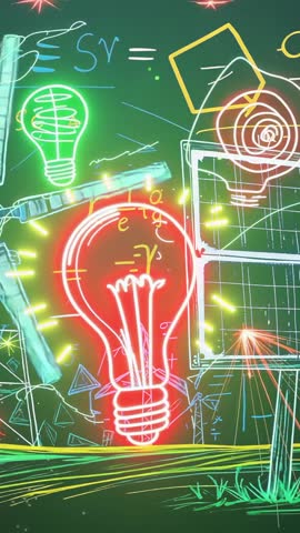 Vertical animation of glowing light bulbs, spinning wind turbines and solar panel powering