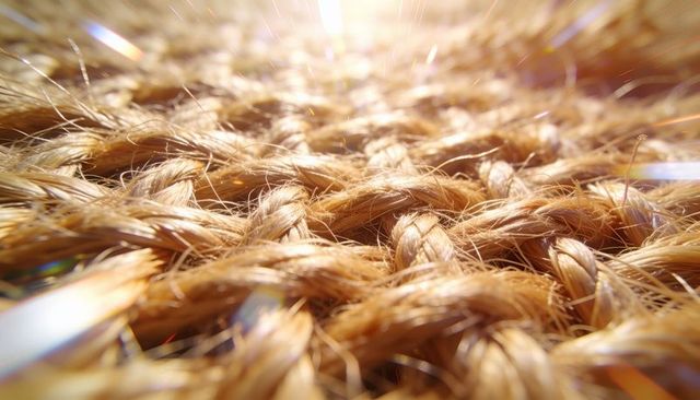 Macro braided natural rope texture with golden fiber hairs and sun flare bokeh