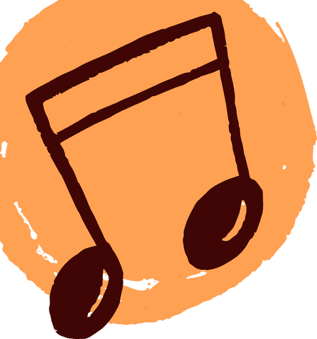 Stylized eighth note over orange circle on transparent background