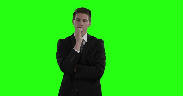 Businessman wearing a suit contemplating with hand on chin in front of a green screen. Ideal for use in marketing materials, presentations, or any context where a professional appearance is needed. Green screen allows for easy background replacement and versatility in various visual projects.