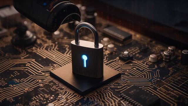 Shining padlock on microchip signifying digital security