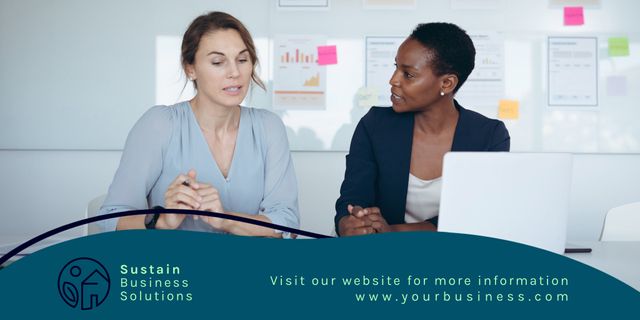 Professional businesswomen engaged in a serious discussion in a modern office setting. Ideal for promoting consulting services, teamwork efforts, and professional collaboration in business environments. Useful for web banners, corporate presentations, and business advertisements.