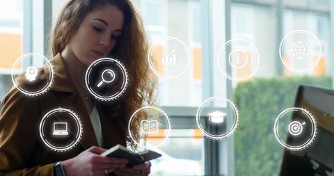 Businesswoman Reading Success Icons Interactive Technology Concept
