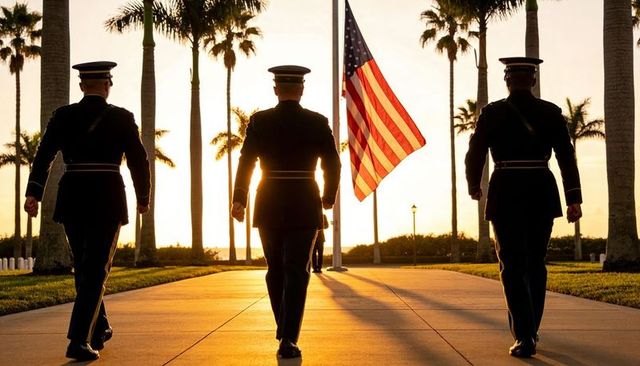 Marching honor guard at sunset with american flag in veterans cemetery during golden hour