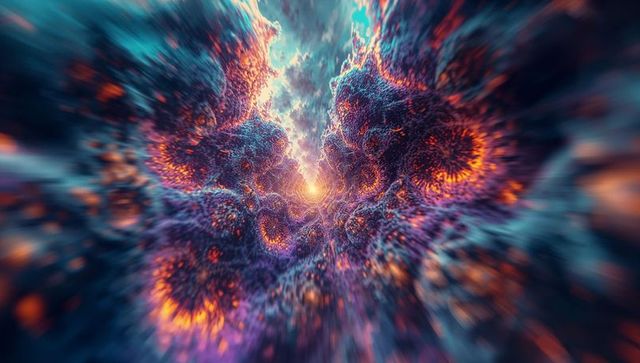 Vibrant digital fractal clusters with glowing central orb