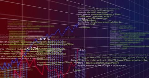 Holographic financial analytics dashboard displaying neon code with rising line charts