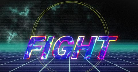 Neon glowing fight text with futuristic tech theme