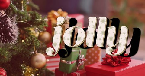 Festive Jolly Text Over Christmas Tree and Gifts Scene - Download Free Stock Images Pikwizard.com