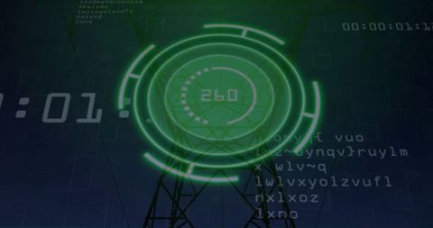 Projecting green holographic HUD over telecom tower with code overlays and radar readout