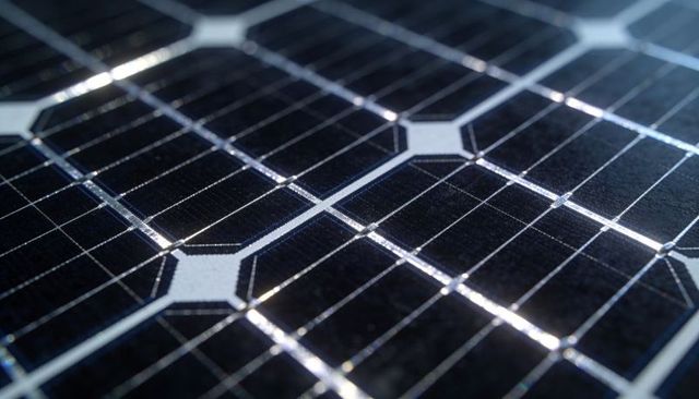Macro Close-Up Showing Monocrystalline Solar Cell Busbars, Finger Lines, Interconnect Pads