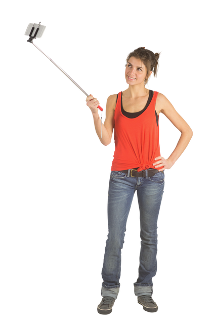 Casual Brunette Using Transparent Selfie Stick in Studio - Download Free Stock Videos Pikwizard.com