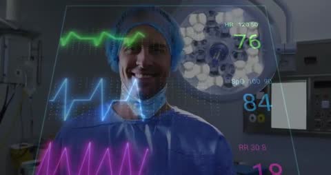 Smiling Surgeon in Operating Room with Digital Vital Signs Display