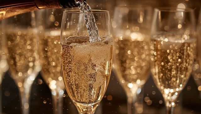 Champagne Pouring in Glass Flute with Bubbles and Golden Bokeh