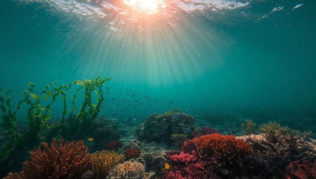 Sunlit Coral Reef with Colorful Marine Life Underwater