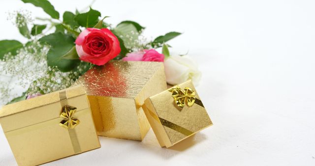 Golden gift boxes and red roses with white background frame romantic and luxurious settings excellently. Use this image for anniversary, Valentine's Day, or special occasion advertising, promotions, or greeting cards.
