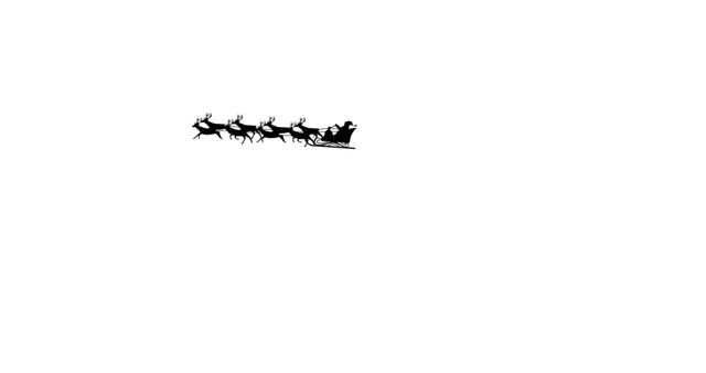 Illustration of a black silhouette of Santa Claus in his sleigh being pulled by reindeers, isolated against a plain white background. This image conveys the spirit of Christmas, highlighting festive traditions. Suitable for use in designs for holiday-themed advertisements, greeting cards, posters, or as decorative elements for websites and social media during the Christmas season.