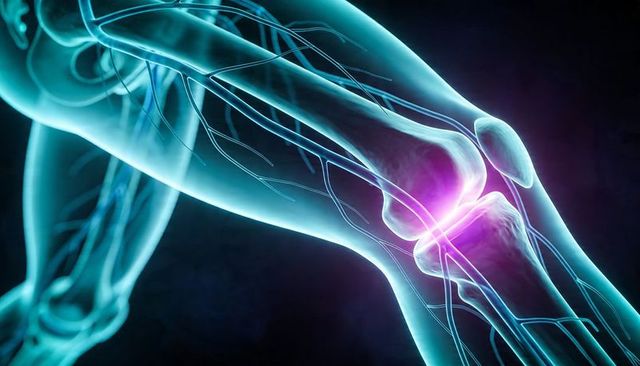 Translucent knee joint rendering showing femur tibia patella cartilage and inflamed ligaments
