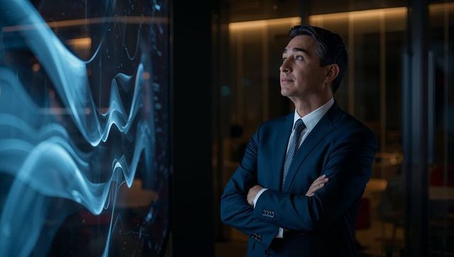 Executive Studying Waveform Data on Large Digital Display in Modern Corporate Boardroom