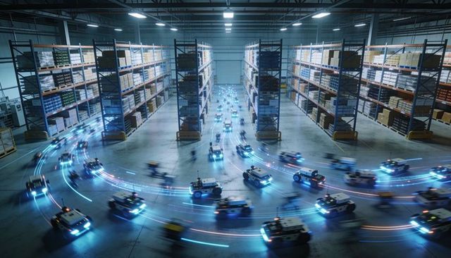 Warehouse AMR Fleet Navigating High-Speed Aisles with Blue LED Light Trails