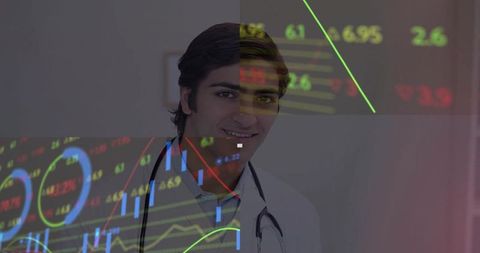 Doctor in lab coat with digital market graphic display