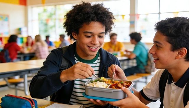 Teen friends sharing lunch in school cafeteria, laughing and serving rice from container