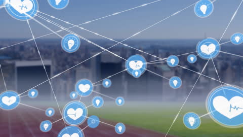Digital Health Connections Over Cityscape Backdrop