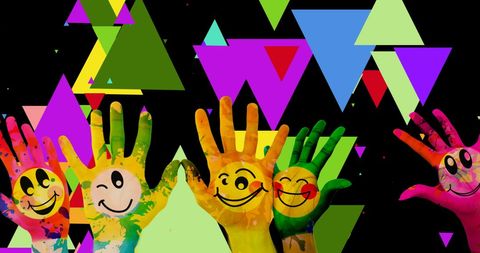 Joyful Painted Hands and Colorful Triangles Celebration