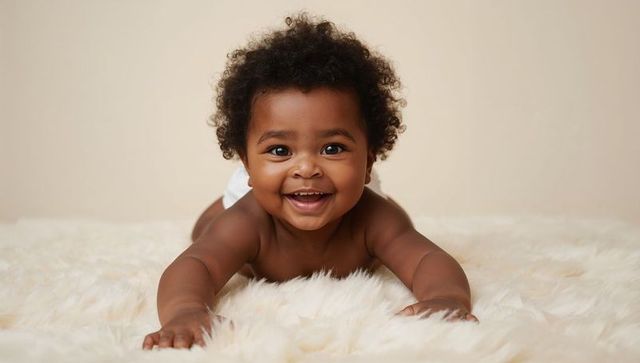 Smiling curly-haired baby lifting head on cream faux fur rug, soft studio portrait, beige backdrop