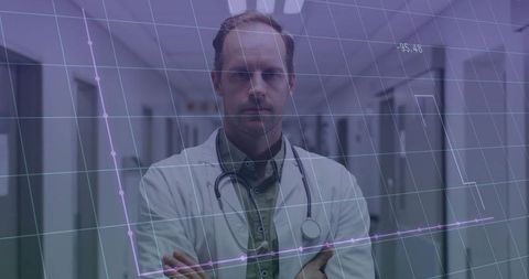 Confident Doctor with Data Overlay in Modern Hospital Corridor