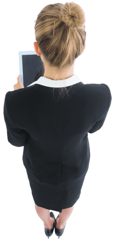 Transparent tech-savvy businesswoman holding a tablet