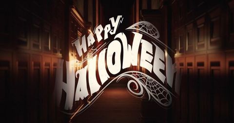 Happy halloween greeting with ghosts in spooky corridor