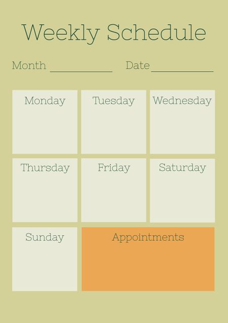 Simple pastel-toned weekly schedule layout featuring ample spaces for planning daily activities and special appointments. Ideal for personal or professional use to promote efficient planning and time management. Suitable for digital or print use, hanging on a wall, or inserting in a planner.