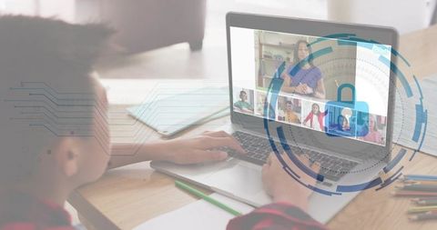 Remote Learning Cybersecurity: Boy Attending Virtual Class on Laptop with Lock Graphic