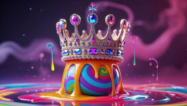 Majestic gold crown with rainbow melting paint on striped sphere