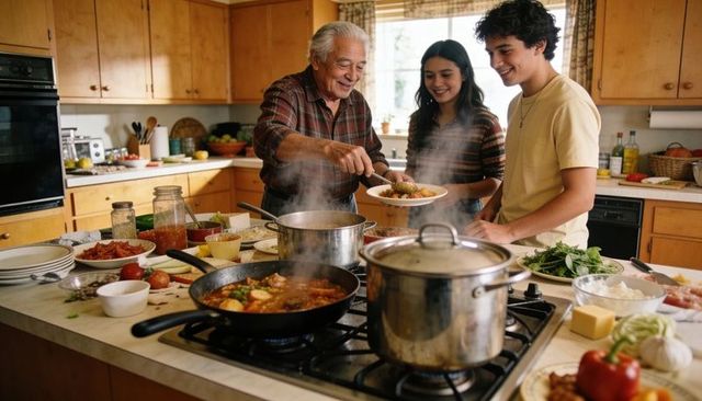 Grandfather cooking with grandchildren on sunlit cozy kitchen island sharing family recipe