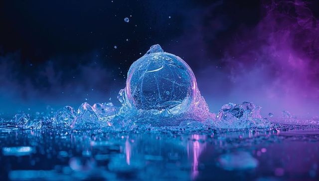 Abstract Ice Sphere Shattering with Reflective Blue Purple Mist