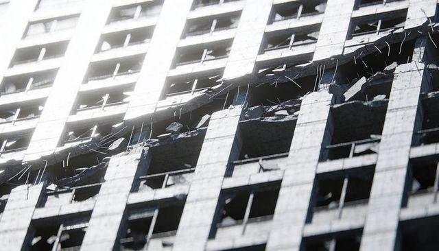 Collapsing concrete high-rise facade with exposed rebar and broken slabs in urban scene