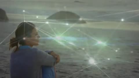 Woman Reflecting on Beach with Digital Network Imagery