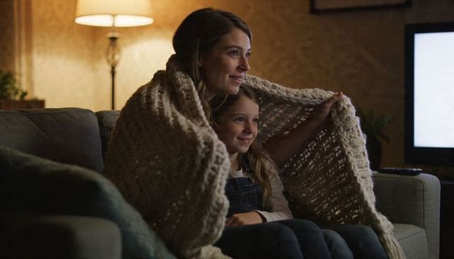 Mother and daughter snuggling under chunky knit blanket on sofa watching movie night