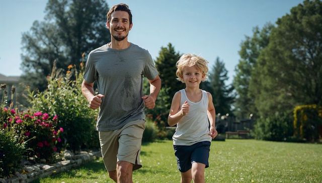 Father and son running together in sunny backyard garden, smiling and promoting healthy lifestyle